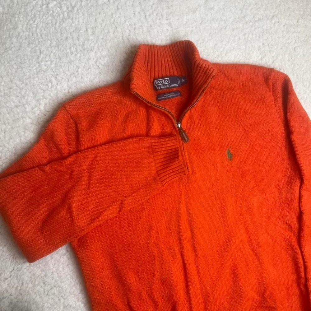Vintage Polo Ralph Lauren men's orange quarter zip sweater cotton 1/4 preppy M